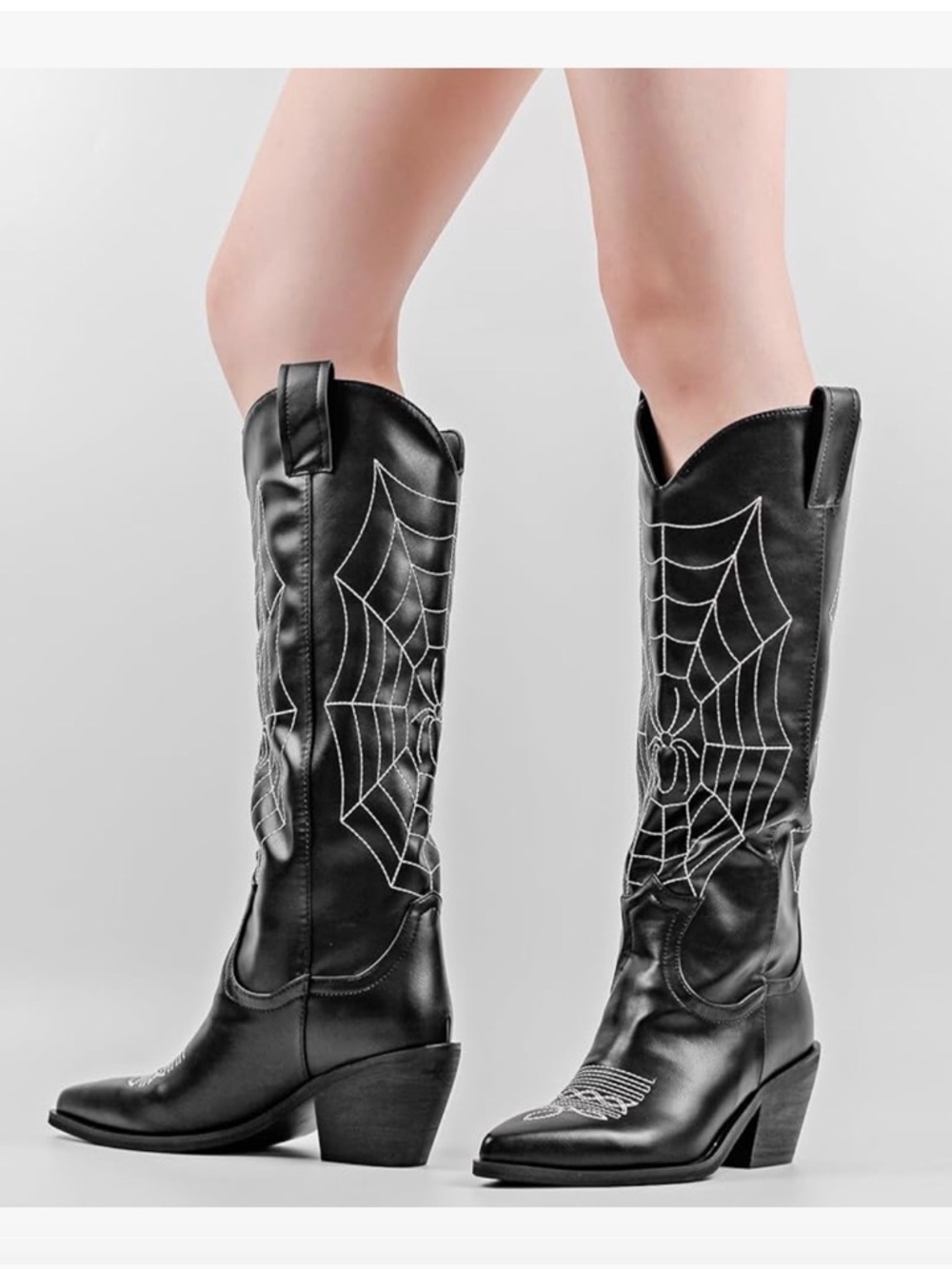 Amazon Black Western Knee-High Boots with White Spiderweb Stitching - Picture 3 of 8